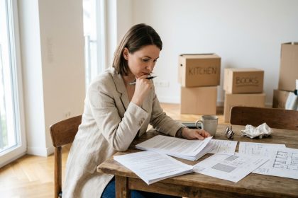 Jeune femme consultant des documents immobiliers pour l'achat de son premier appartement