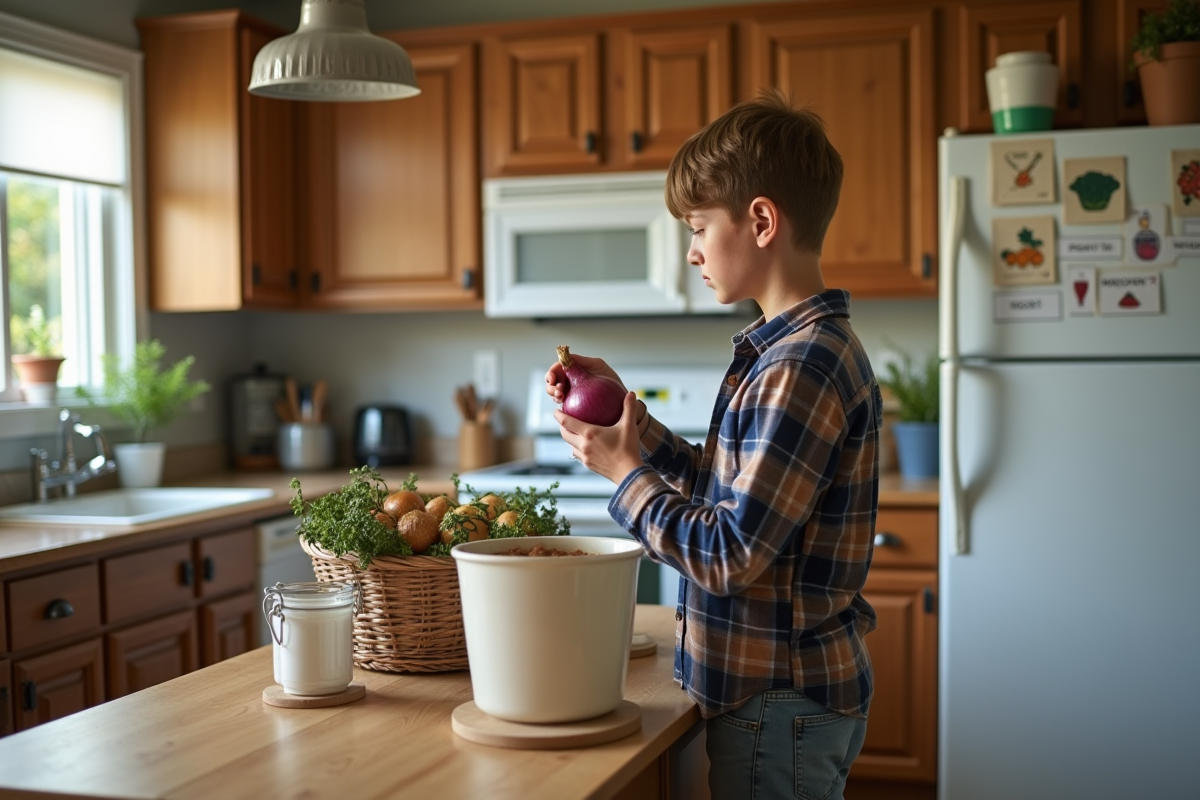 Adolescent en cuisine vérifiant la liste de compostage