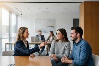 Agent immobilier souriante remettant des clés à un couple