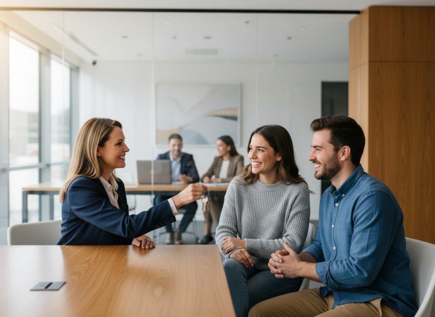 Agent immobilier souriante remettant des clés à un couple