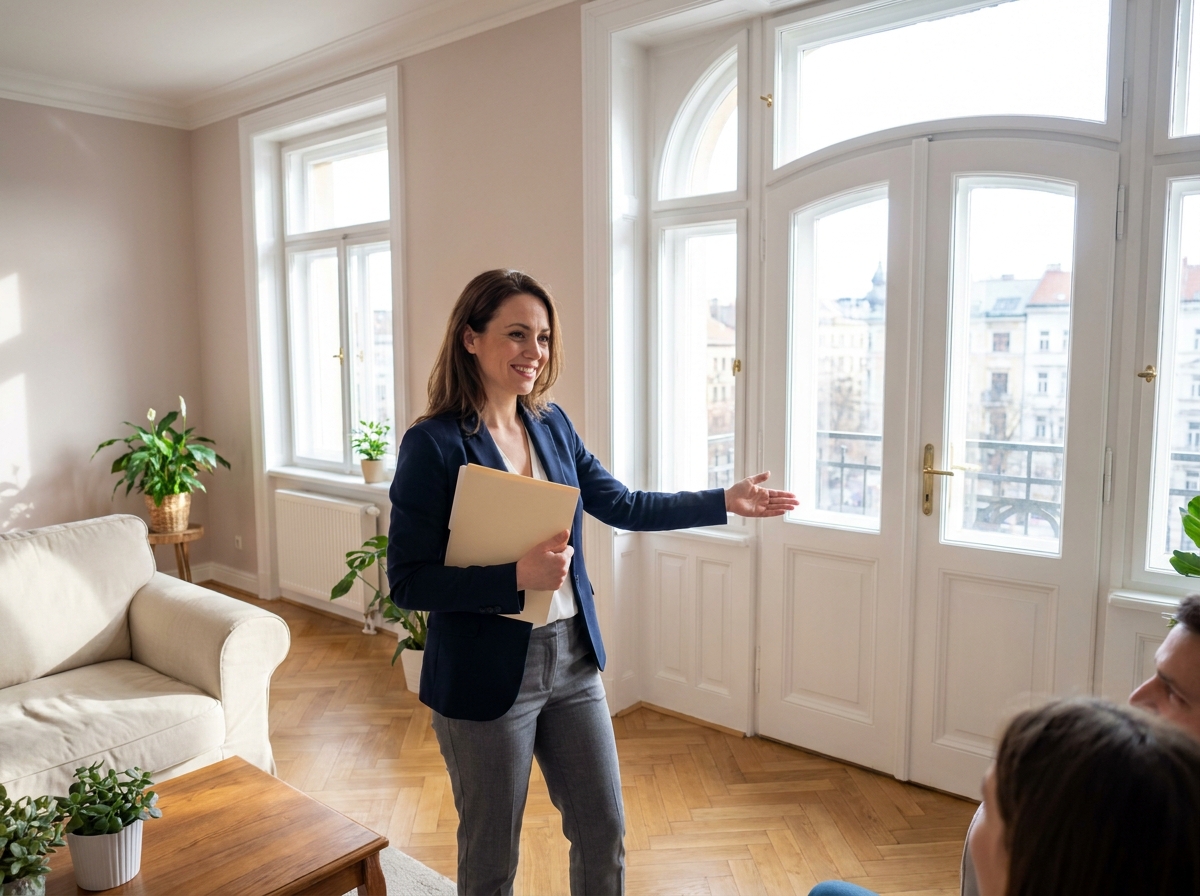 Agent immobilier souriante près de fenêtres rénovées dans un appartement