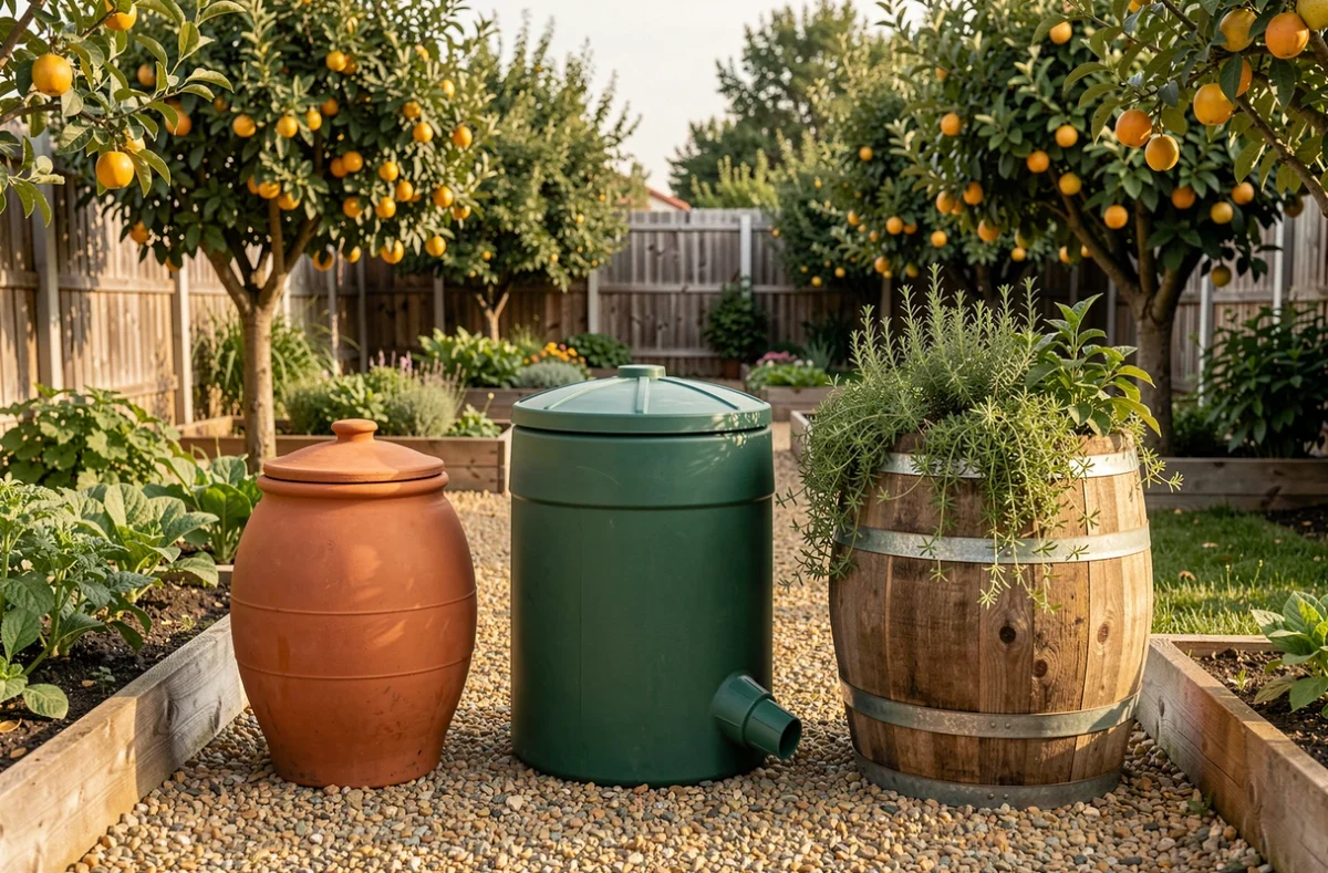 Alternatives sûres au fût industriel gratuit pour le jardin : jarre en terre cuite, cuve récupération d'eau en plastique vert et tonneau bois décoratif avec plantes aromatiques