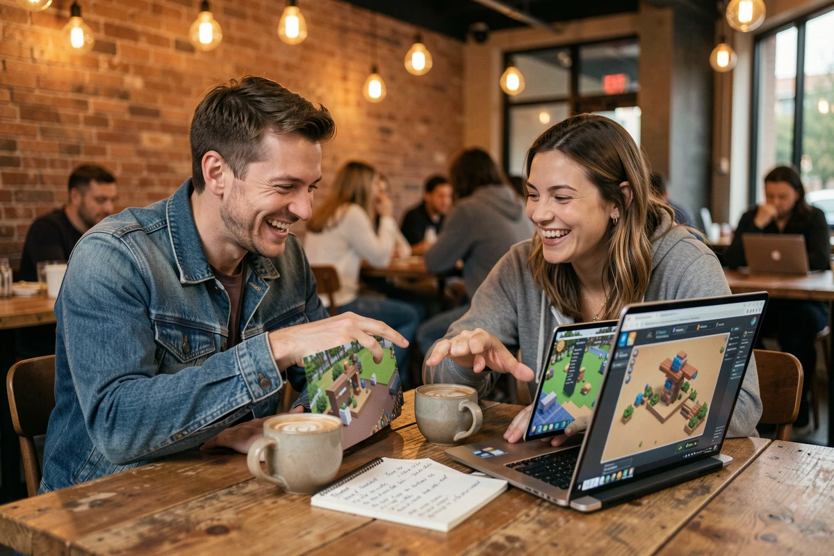 Deux amis trentenaires assis côte à côte dans un café co-working moderne, riant ensemble devant leurs laptops affichant Minecraft avec des menus de craft ouverts et un carnet de notes partagé