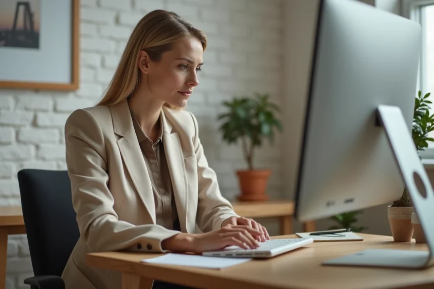 Femme analysant l'évolution du site Maisonkayro.fr sur un écran d'ordinateur en 2026 dans un bureau moderne