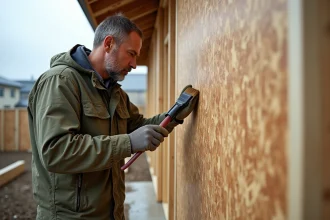 Ouvrier appliquant un produit d'étanchéité sur un panneau OSB extérieur lors d'un chantier sous ciel nuageux