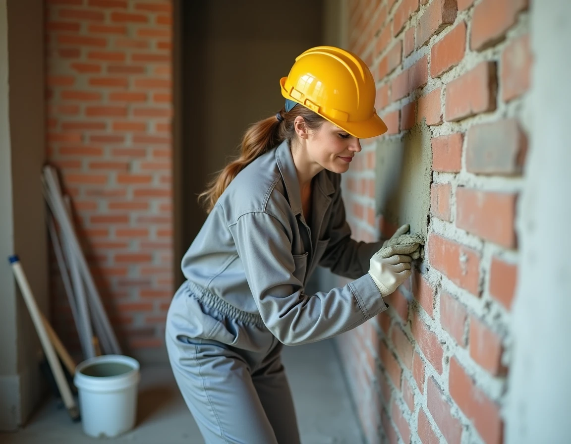 Femme maçonne appliquant du mortier dosé sable ciment sur un mur en briques lors de travaux de rénovation intérieure