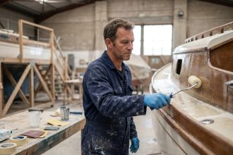 Artisan appliquant une finition polyester sur la coque d'un voilier dans un chantier naval intérieur