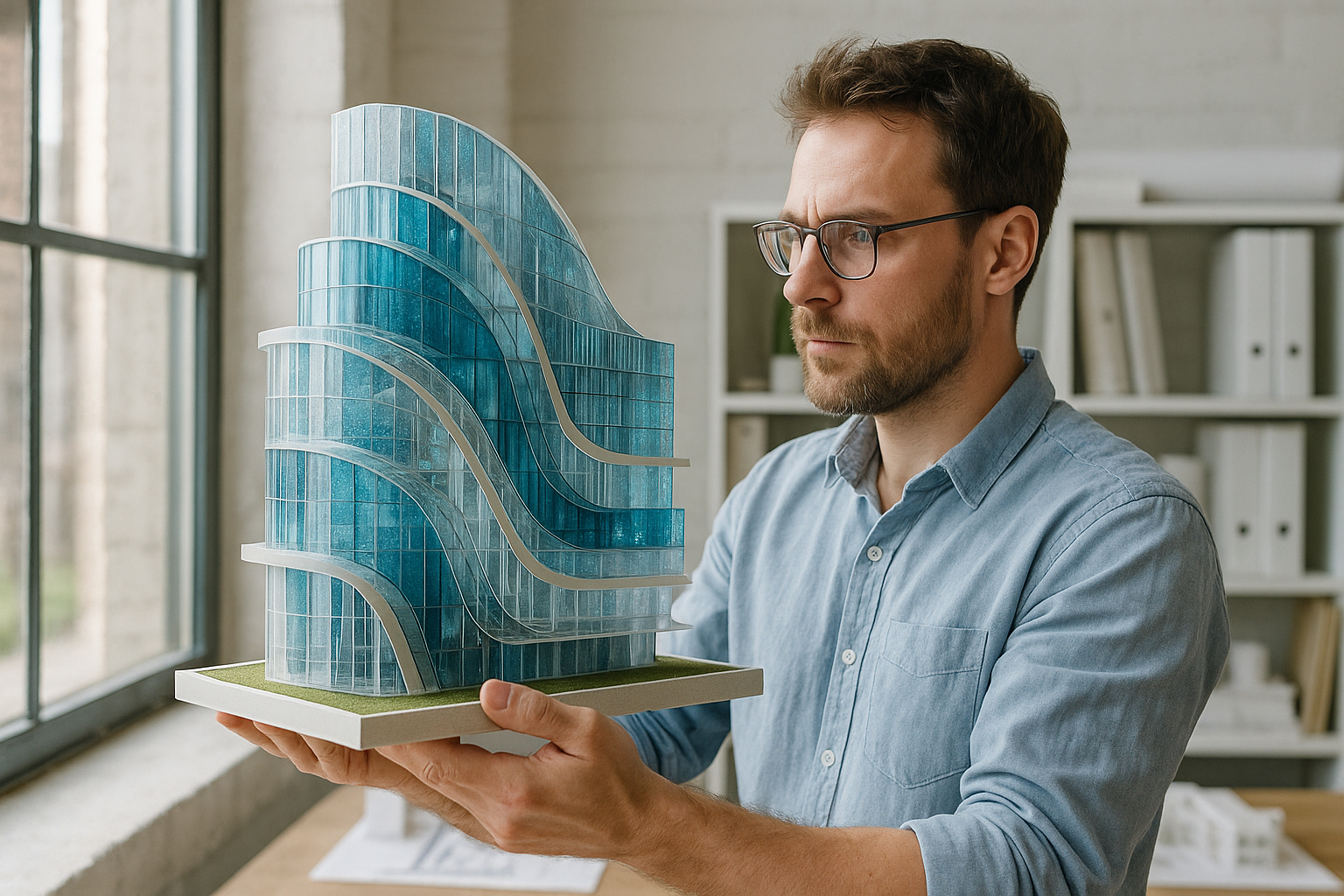 Architecte tenant un modele de batiment futuriste en studio lumineux