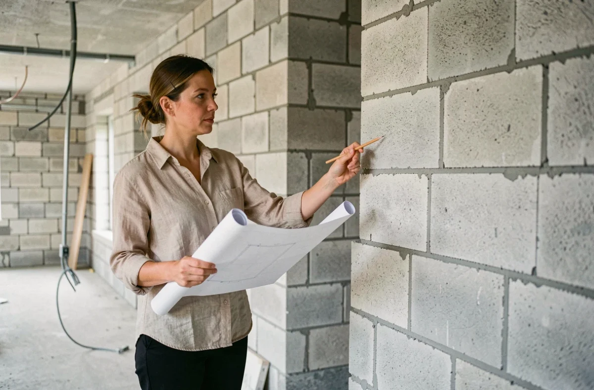Architecte féminine consultant un plan de maison devant un mur en parpaings en construction