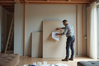 Architecte examinant un panneau fibrecouture dans un salon moderne