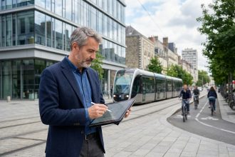 Architecte en blazer bleu examinant des plans à Angers