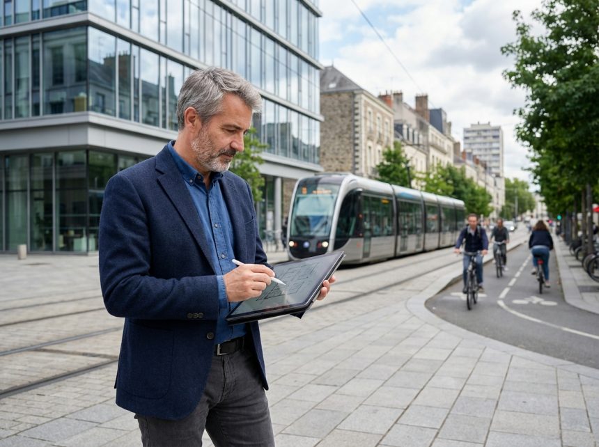 Architecte en blazer bleu examinant des plans à Angers