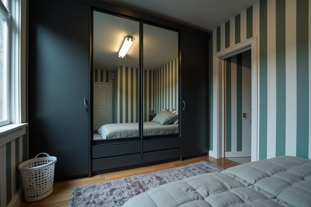 Grande armoire à miroirs qui écrase une petite chambre parentale avec décoration incohérente et désordre visible
