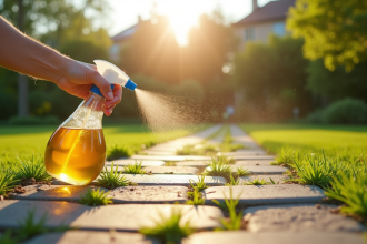 Main aspergeant des mauvaises herbes avec du vinaigre en plein soleil