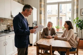 Artisan en veste de travail discutant d'un devis avec un couple à Nantes lors d'une consultation à domicile