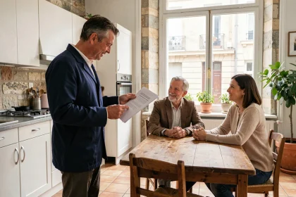 Artisan en veste de travail discutant d'un devis avec un couple à Nantes lors d'une consultation à domicile