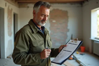 Artisan en veste de travail tenant un devis de rénovation sur un chantier avec murs en plâtre apparent