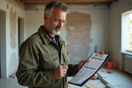 Artisan en veste de travail tenant un devis de rénovation sur un chantier avec murs en plâtre apparent