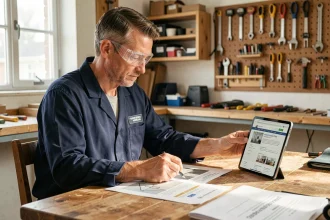Artisan consultant des documents de chantier sur tablette et papier dans un atelier organisé