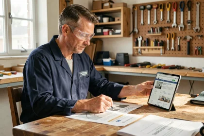 Artisan consultant des documents de chantier sur tablette et papier dans un atelier organisé