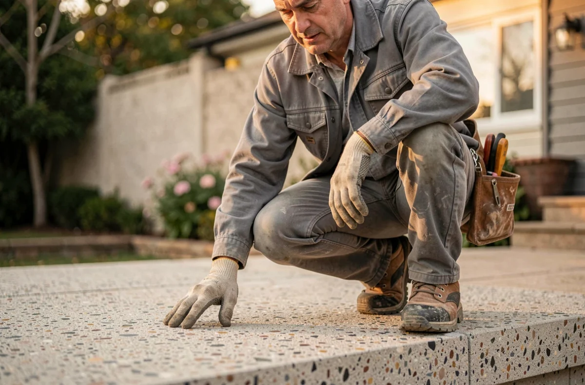Artisan professionnel inspectant une dalle de béton désactivé sur une terrasse, illustrant le travail de pose et le tarif au m2 par un pro