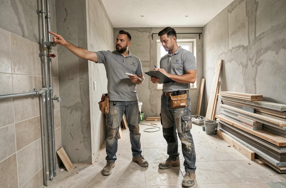 Deux artisans professionnels évaluant des travaux de plomberie dans une salle de bain en rénovation à Nantes