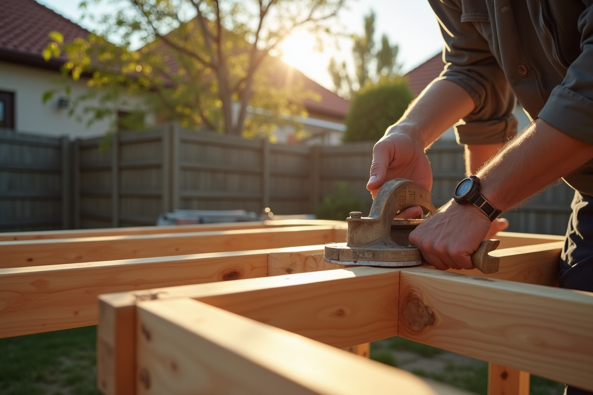 Artisan assemblant une structure en bois pour carport au petit matin