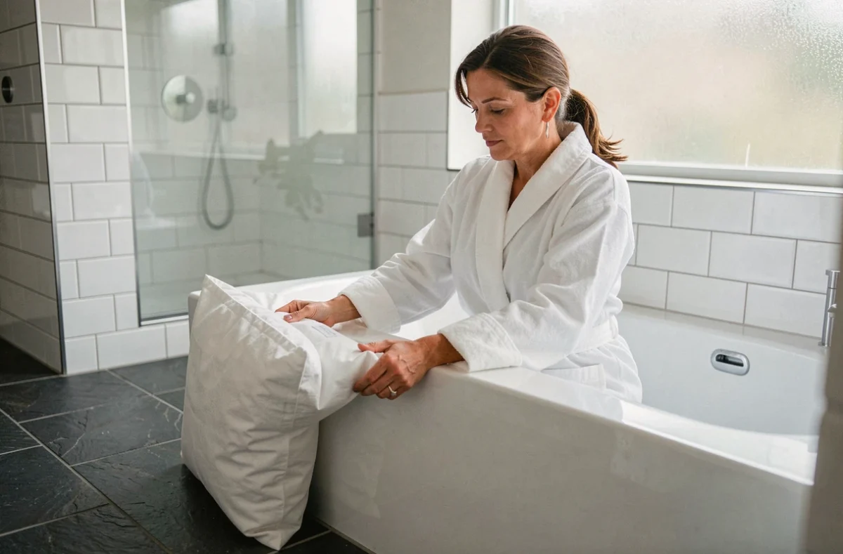 Femme en peignoir utilisant un coussin gonflable pour réduire le volume d'eau dans sa baignoire encastrée, astuce économie d'eau