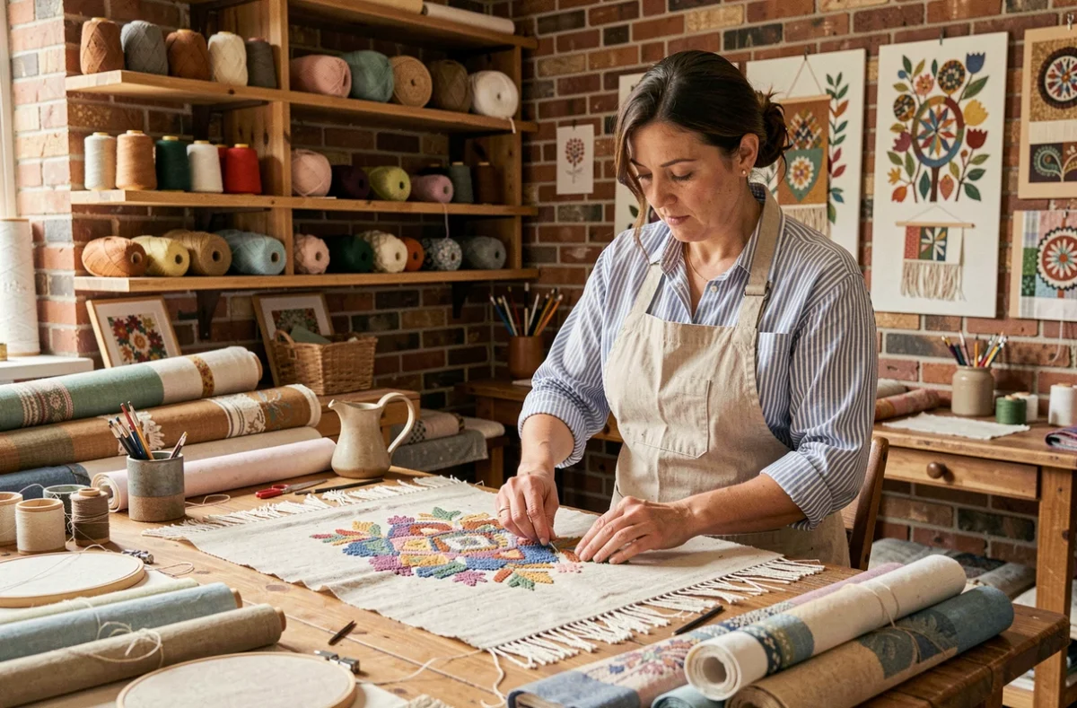 Artisane de l'Atelier Arpège Créations cousant à la main un panneau textile décoratif dans un atelier créatif aux murs en briques