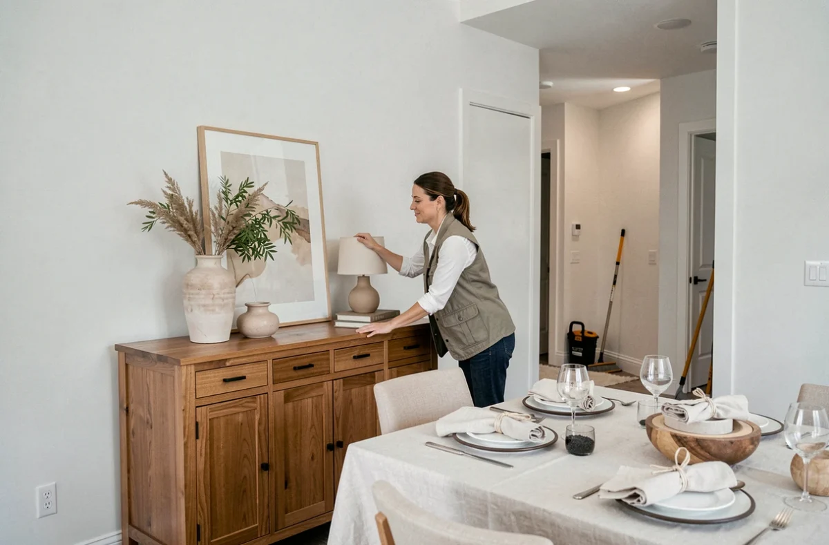 Professionnelle d'Avéo Home Staging préparant un appartement pour la vente avec mobilier repositionné et décoration sobre