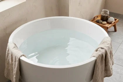 Baignoire îlot blanche partiellement remplie d'eau dans une salle de bain scandinave épurée, vue en plongée légère révélant le niveau d'eau économisé