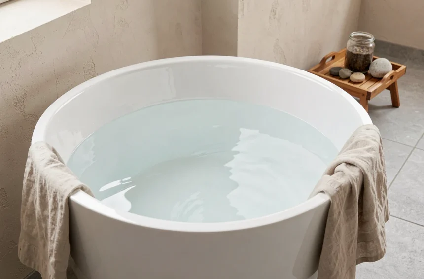 Baignoire îlot blanche partiellement remplie d'eau dans une salle de bain scandinave épurée, vue en plongée légère révélant le niveau d'eau économisé