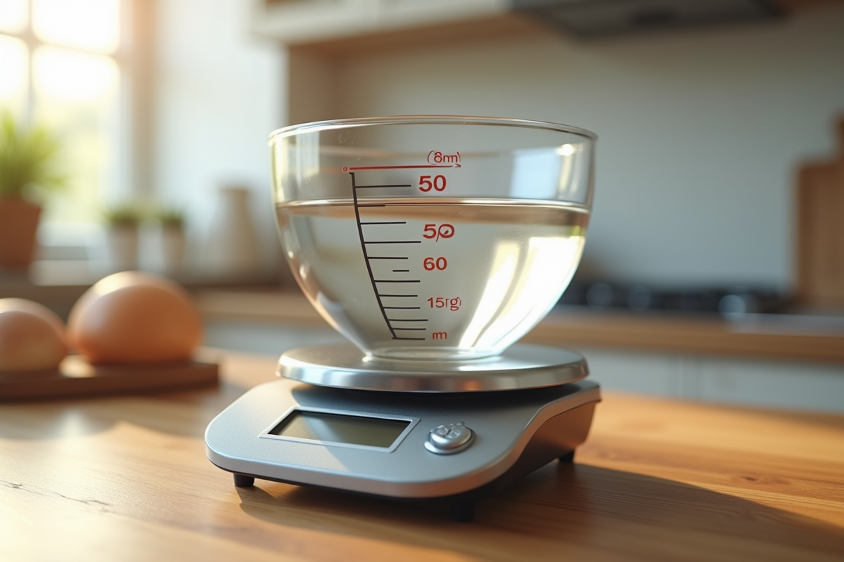 Une balance de cuisine affichant des grammes avec un bol d