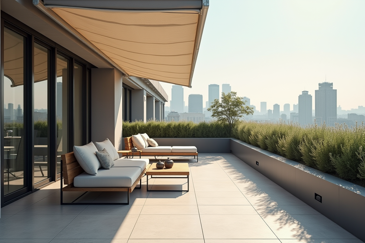 Balcon urbain minimaliste avec store rétractable et mobilier contemporain
