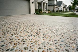 Allée de maison en béton désactivé avec galets apparents, vue large montrant la surface texturée et le coût au m2 d'une pose professionnelle
