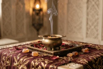 Brûleur de bakhour en laiton ciselé posé sur un plateau en bois sculpté avec pétales de rose séchés dans un intérieur oriental chic