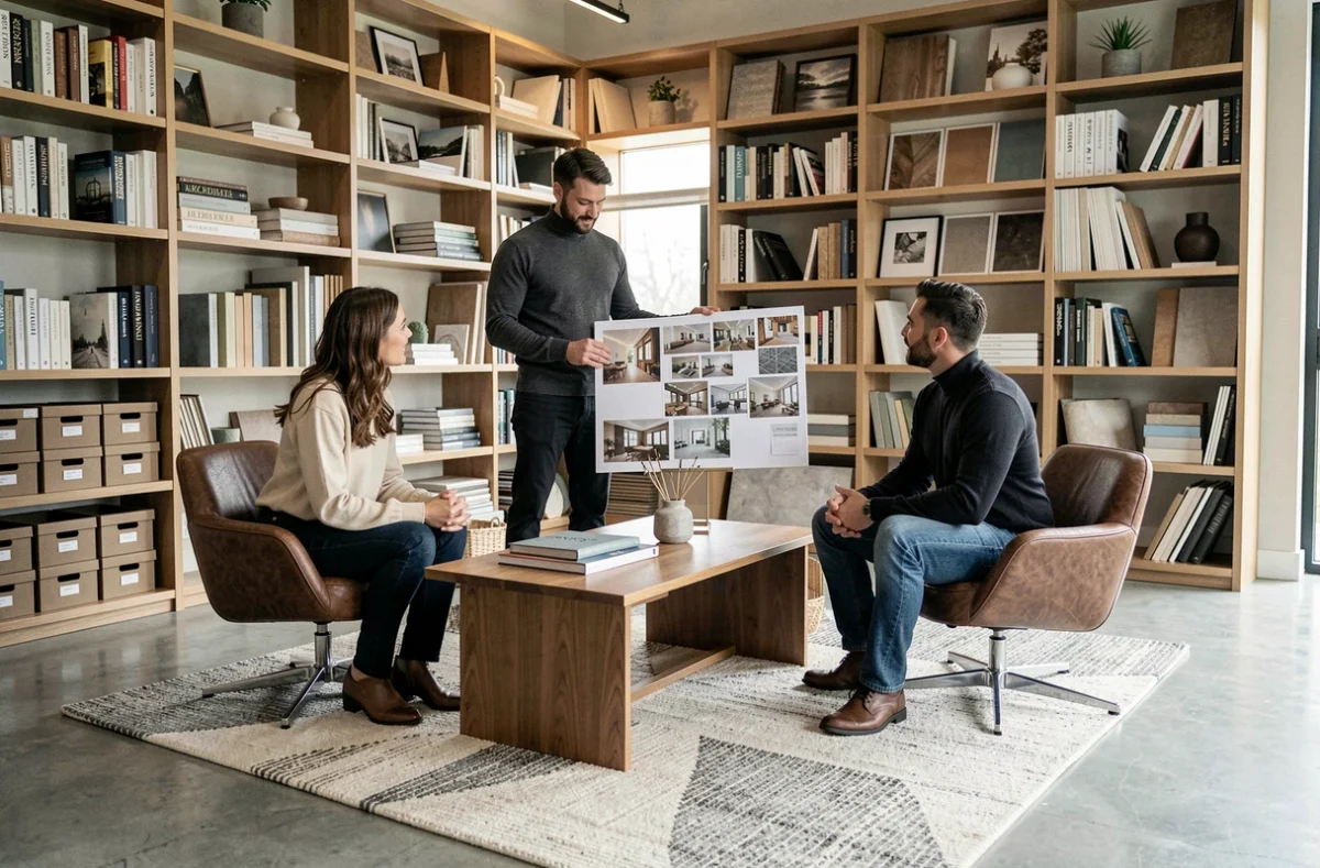 Designer de BS Interior Design présentant un moodboard résidentiel haut de gamme à des clients dans un bureau de design sophistiqué