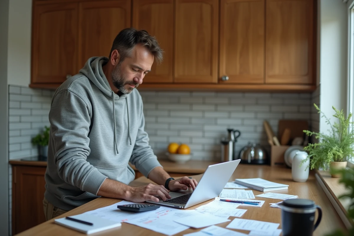 Homme calculant son budget de déménagement avec des notes et une calculatrice sur un plan de travail