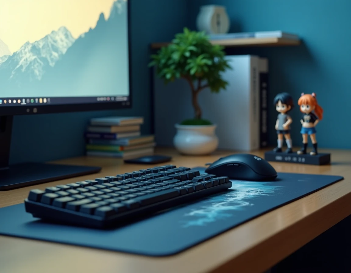 Gros plan sur un bureau gaming thème anime avec figurines, clavier mécanique, bonsaï et tapis de souris japonisant dans une décoration équilibrée