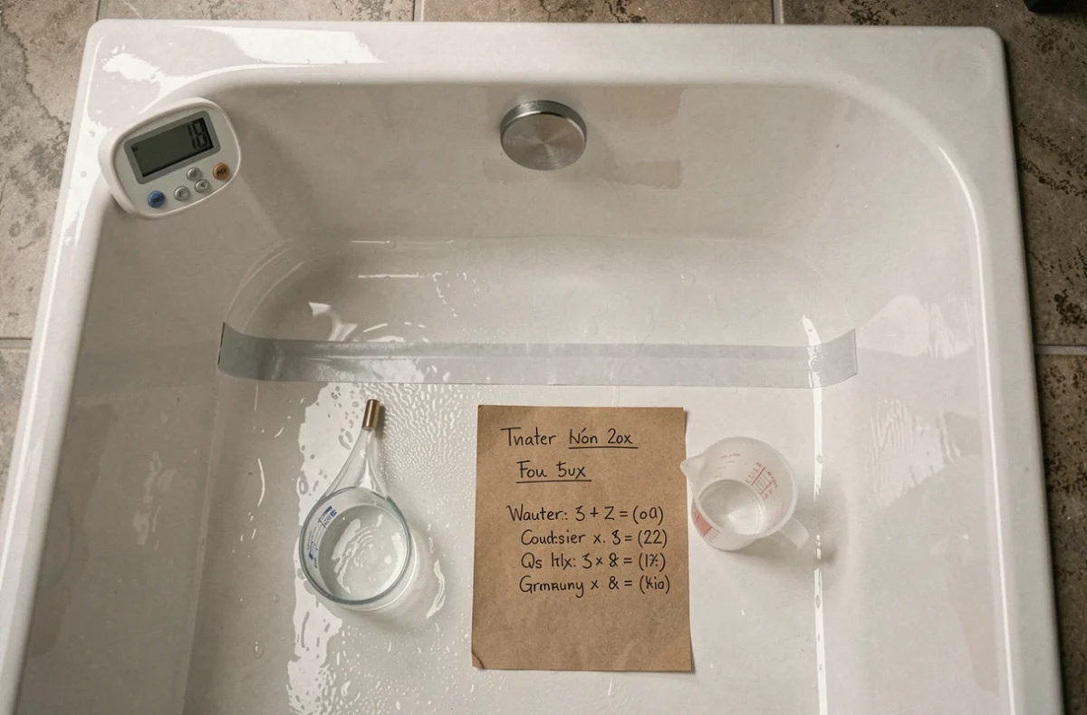 Vue du dessus d'une baignoire avec repère de niveau d'eau, thermomètre et calculs de contenance en litres pour optimiser la consommation d'eau