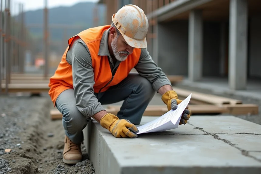 Ouvrier de chantier calculant le volume de béton nécessaire pour une dalle en construction