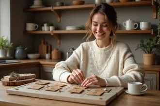 Femme assemblant un calendrier de l'avent fait maison avec des enveloppes en kraft numérotées sur une planche en bois rustique dans une cuisine chaleureuse