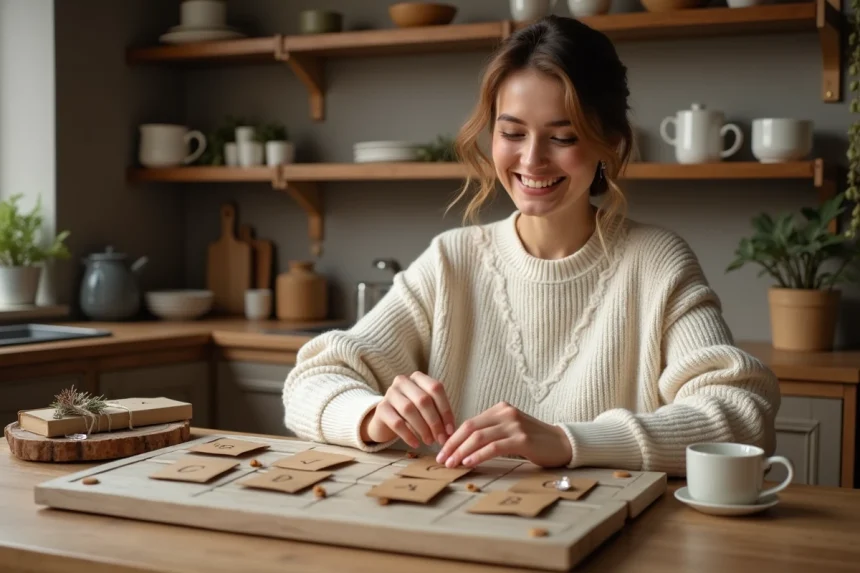 Femme assemblant un calendrier de l'avent fait maison avec des enveloppes en kraft numérotées sur une planche en bois rustique dans une cuisine chaleureuse