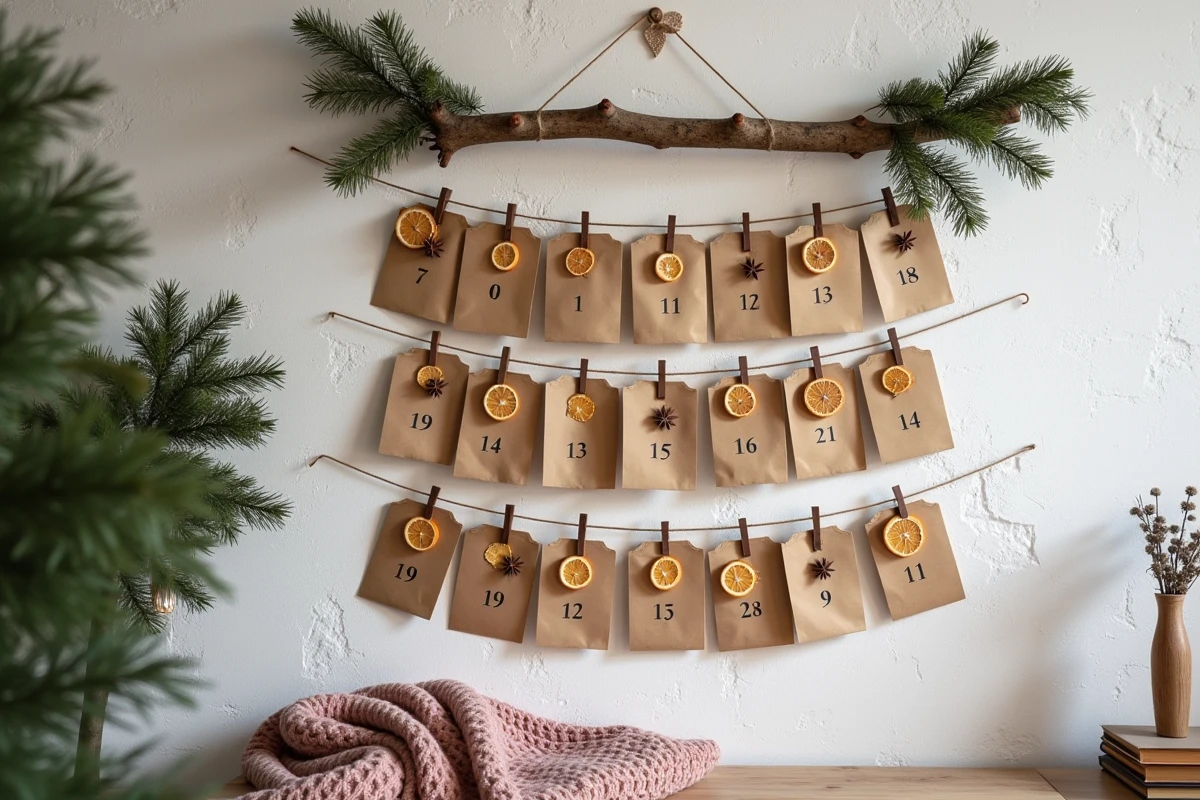 Calendrier de l'avent fait maison avec 24 enveloppes kraft numérotées suspendues à une branche de bouleau décorée d'agrumes séchés et de sapin dans un salon cosy