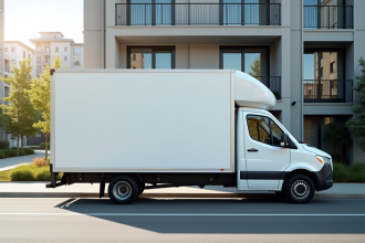 Camion de déménagement blanc devant un immeuble moderne