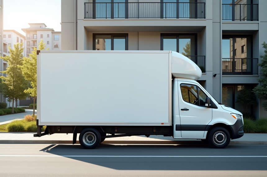 Camion de déménagement blanc devant un immeuble moderne