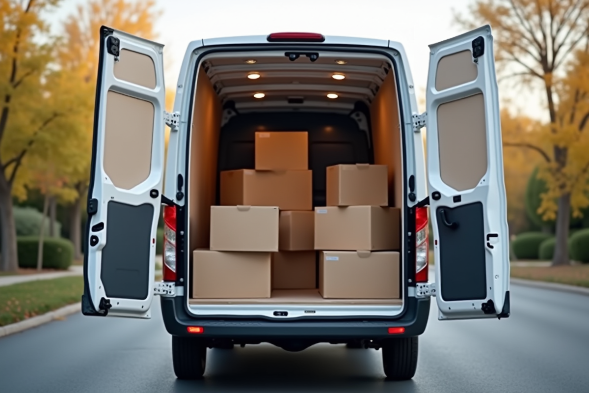 Camion avec portes ouvertes et cartons à l