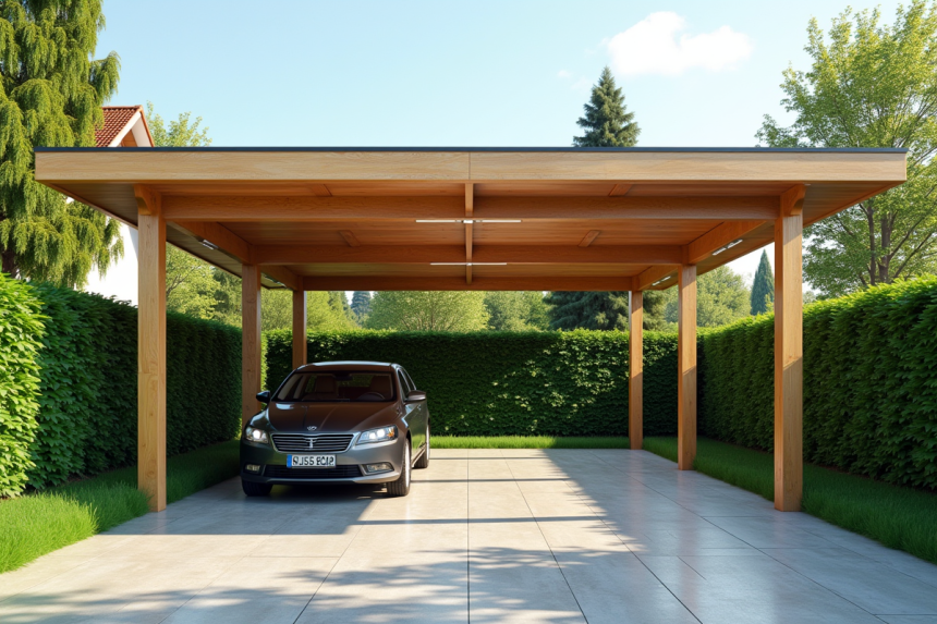 Carport en bois moderne dans une allée résidentielle avec voiture et jardin