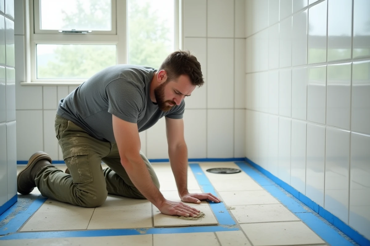 Carreleur professionnel préparant le sol en mortier pour l'installation d'une douche à l'italienne dans une salle de bain spacieuse