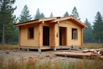 Chalet en bois de 20m2 en cours de construction avec des erreurs structurelles visibles, panneaux mal alignés et charpente inachevée en milieu rural